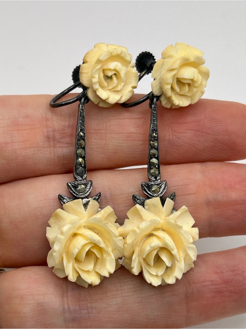 Vintage Sterling Silver Marcasite Hand Carved Rose Non Pierced Dangle Earrings